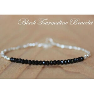 Unisex‎ Black Tourmaline Silver Plated Bracelet, Jewelry, Black & Silver 7-9"